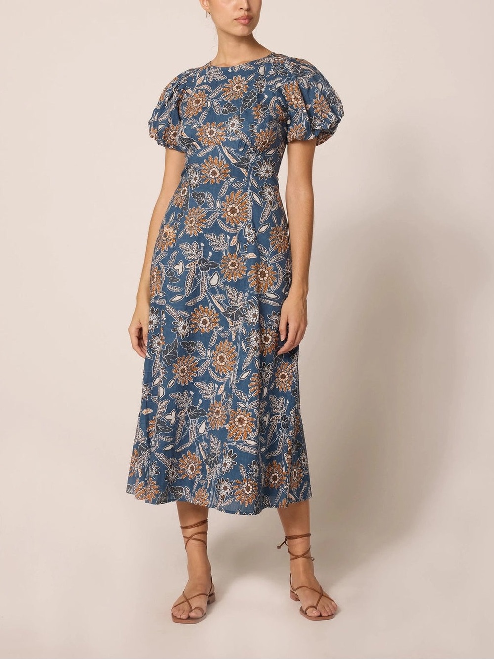 NWT Cleobella Organic Cotton Blue Floral Puff-Sleeve Midi Dress with Tan Accents